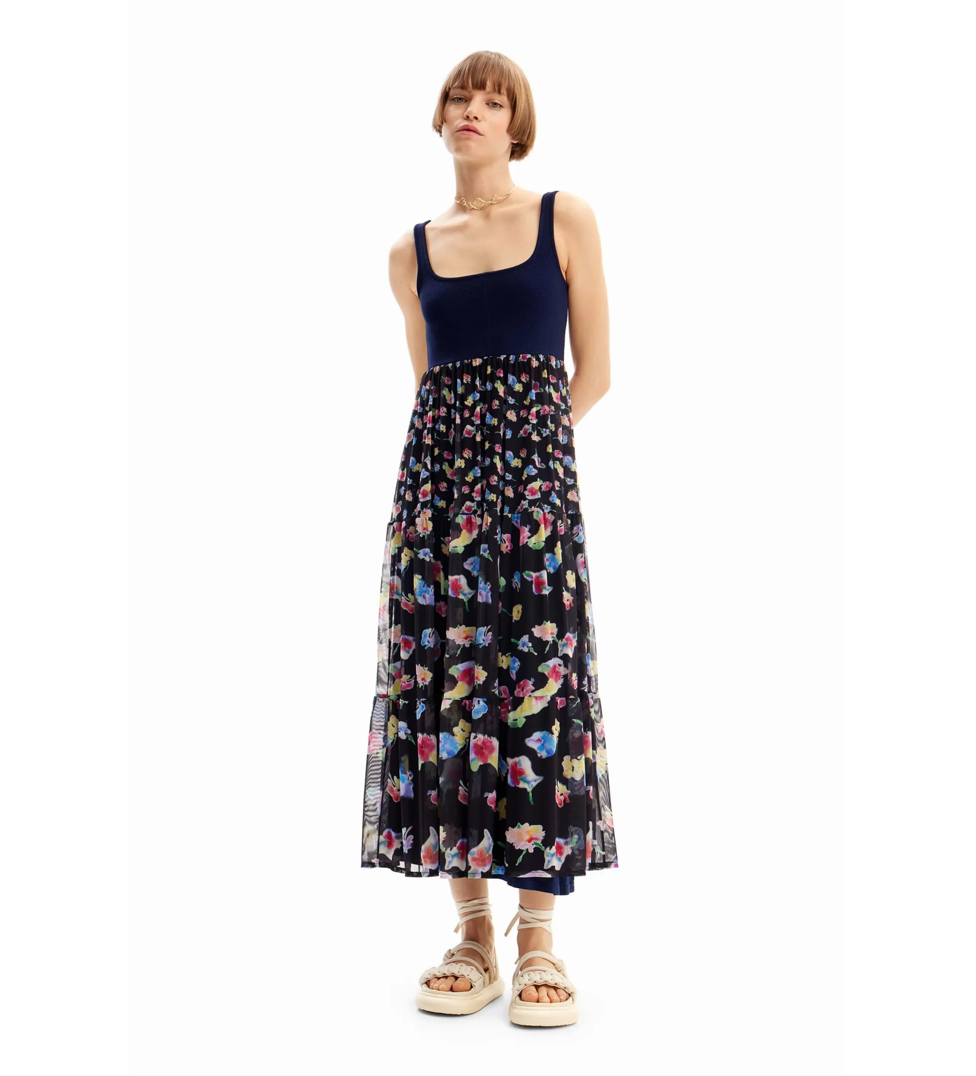 Vestido midi combinado flores marino