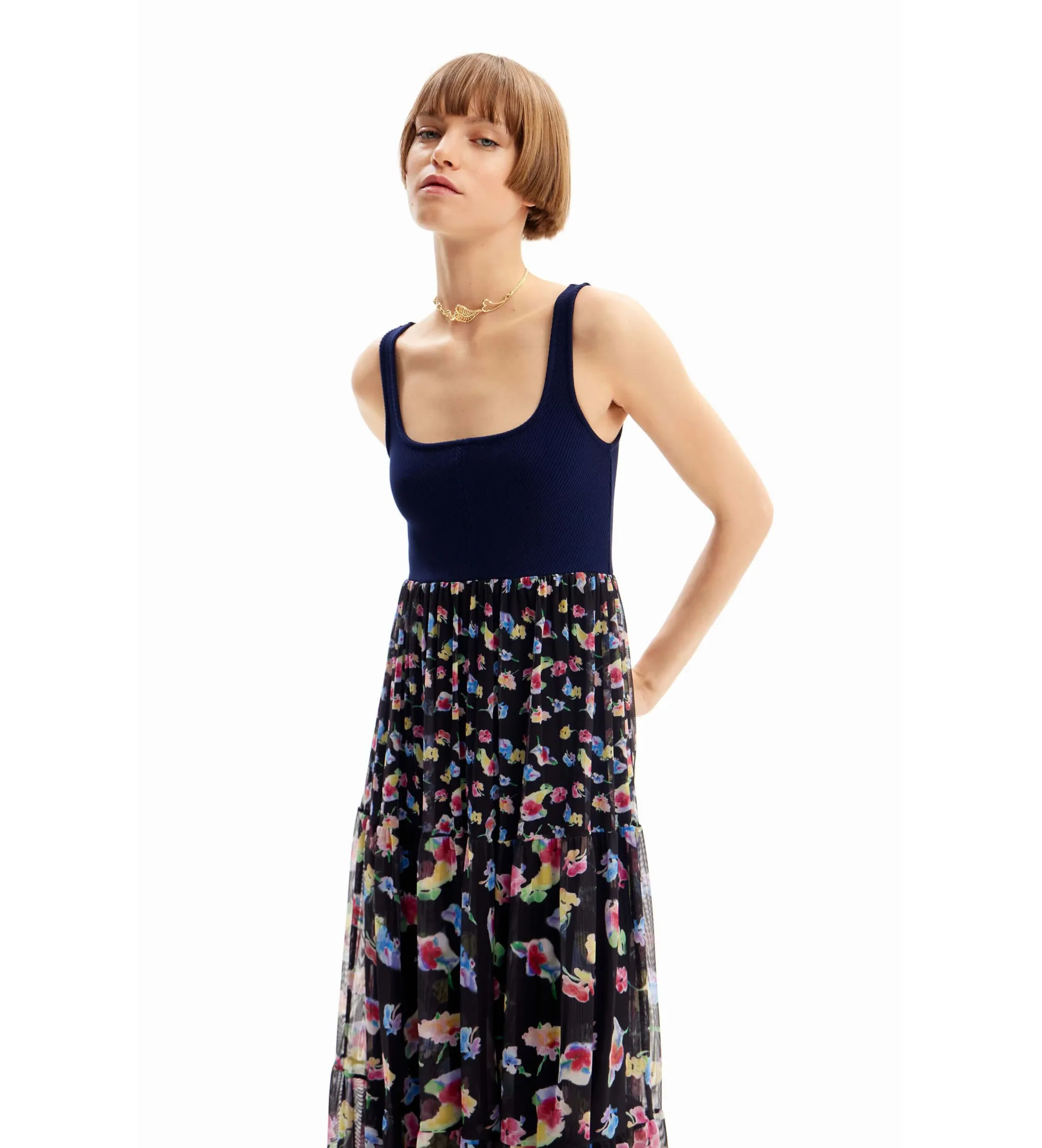 Vestido midi combinado flores marino